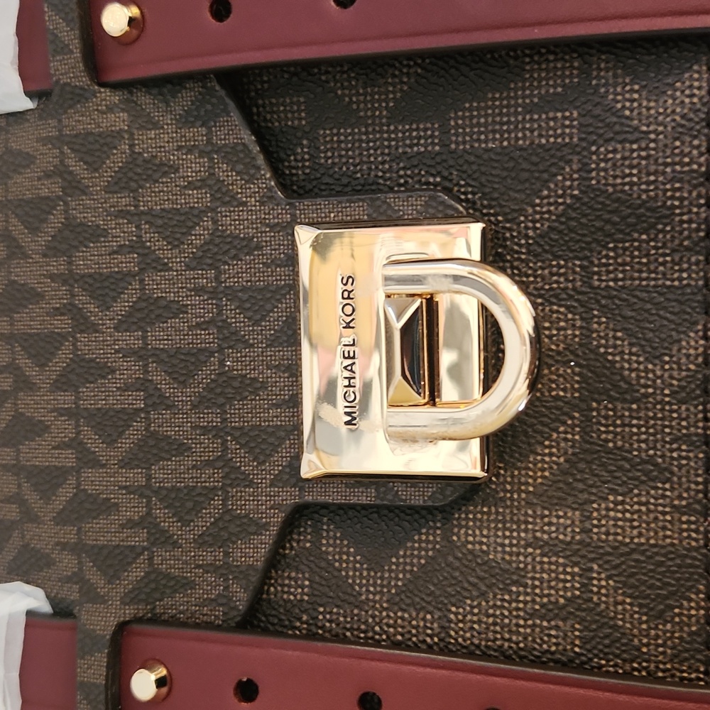 Michael Kors Dark Cherry and Brown Signature Leather Satchel/Crossbody NWT - Picture 5 of 9
